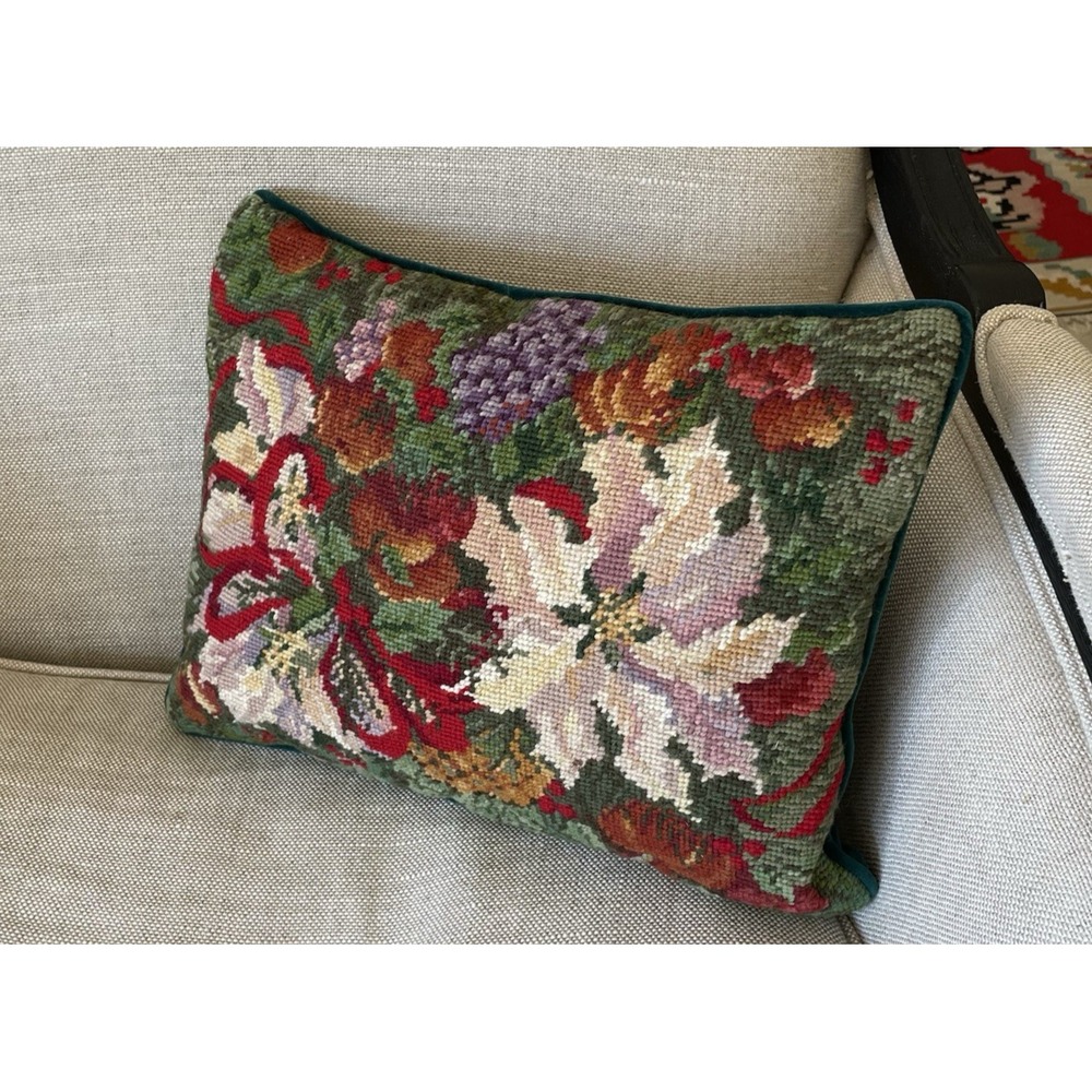 Vintage Christmas Floral Holiday Poinsettia Wool Needlepoint Pillow Velvet Back